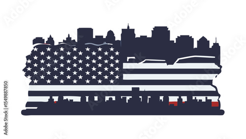 American Flag City Skyline Silhouette – Patriotic Urban Landscape with USA Flag Overlay at Sunset Gradient Sky, High Contrast Digital Art Generative AI