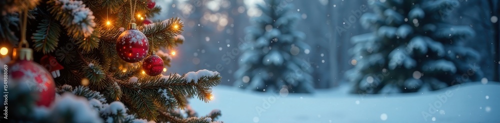 Glimmering Christmas tree, ornaments, snowfall, idyllic winter forest scene , backdrop, photo, dark Glimmering Christmas tree, ornaments, snowfall, idyllic winter forest scene , backdrop, photo, dark