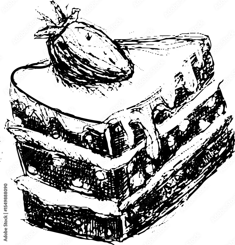 Obraz premium Chocolate cake slice with strawberry on top in sketch style