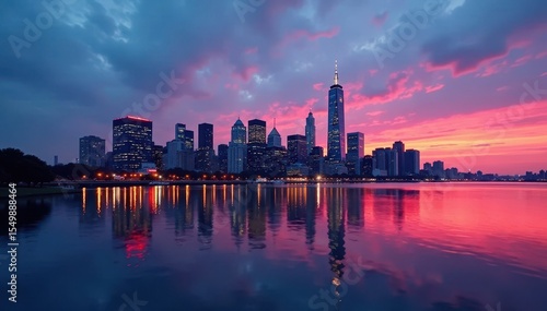 Midtown Manhattan dusk panorama, Hudson River reflection, sunset, dusk
