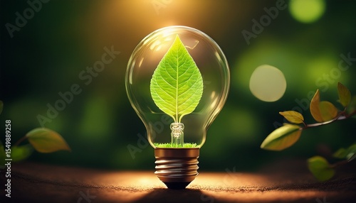 eco innovation light bulb with leaf symbolizing sustainable energy