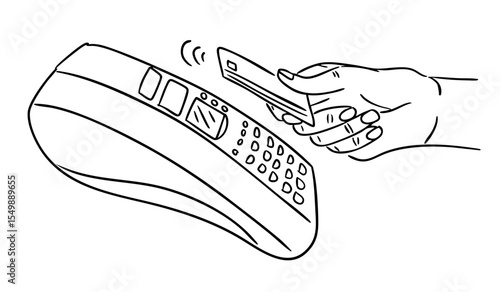 Hand holding a credit card near a terminal for wireless payment in line art style. Illustrates modern technology, contactless transaction, and cashless economy