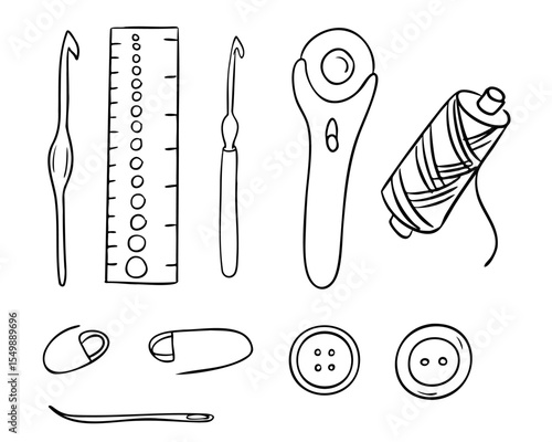 Set of hand drawn sewing tools including crochet hooks, thread, buttons, and measuring ruler. Represents crafting, textile work, and handmade creativity in fashion and DIY projects