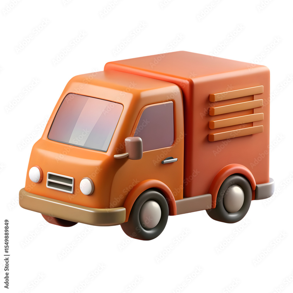 Cute 3d cartoon orange delivery truck with a cargo box isolated on transparent background Cute 3d cartoon orange delivery truck with a cargo box isolated on transparent background