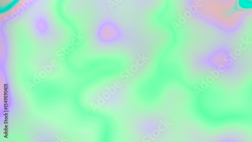 Fluid texture abstract background with grainy noise. Bright liquid gradient in light neon green, violet, purple, ultraviolet, orange, turquoise colors. Flowing paint, curved drops. Psychedelic design