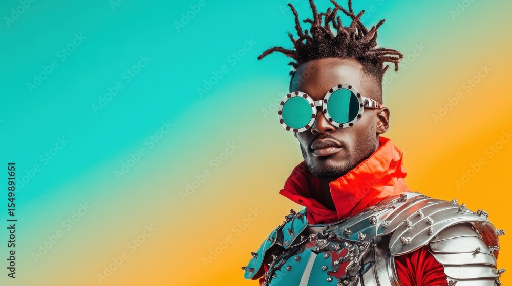 Fototapeta premium A striking portrait of a model dressed in bold armor and vibrant sunglasses, portraying a fusion of fashion, art, and strong identity in a colorful backdrop.