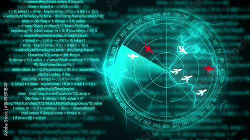 Futuristic Radar Screen with Multiple Aircraft Targets Including a Red Alert Plane on Global Map for Aviation and Air Traffic Monitoring