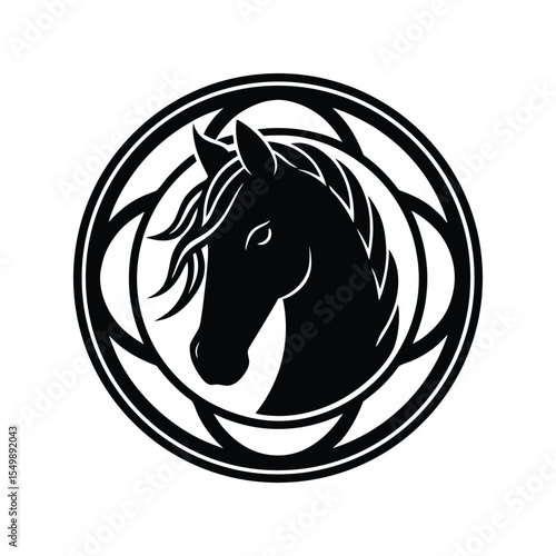 Silhouette art illustration of a Connemara pony head within a Celtic knot ova.eps