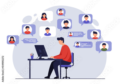 Flat vector a person sitting at a desk in front of a computer, engaging in multiple online chats with various individuals