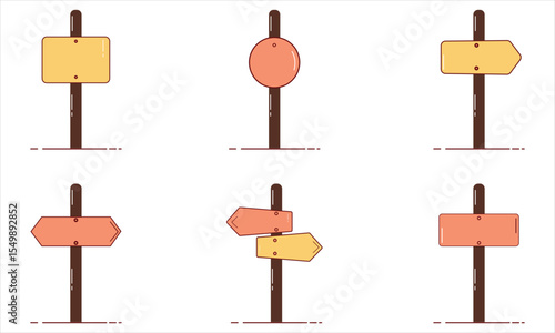 Road Signs Vector Set – Colorful Direction and Warning Icons on Wooden Posts for Traffic or Education Design
