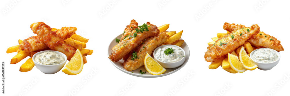 Set of Delicious fish and chips with tartar sauce and lemon wedges isolated on a transparent background Set of Delicious fish and chips with tartar sauce and lemon wedges isolated on a transparent background