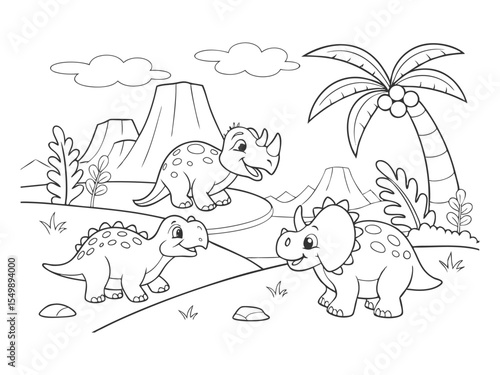 A dinosaur cartoon, cute animal background, prehistoric landscape, coloring outline scene. Dinosaur coloring page for kids printable cute dinosaurs landscape illustration vector art