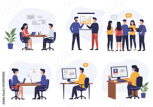 An illustration depicts various office scenarios with diverse individuals. The first scene shows a woman and a man at a table with a laptop, possibly in a one-on-one meeting