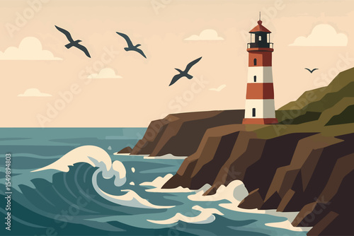 Flat vector panoramic coastal cliff scene with lighthouse crashing waves seagulls in sky clean vector shapes vector-friendly
