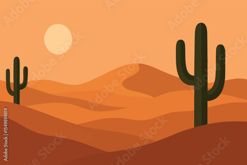 Flat vector panoramic desert landscape with sand dunes cactus sun low in sky warm earthy tones minimalist clean shapes vector-friendly