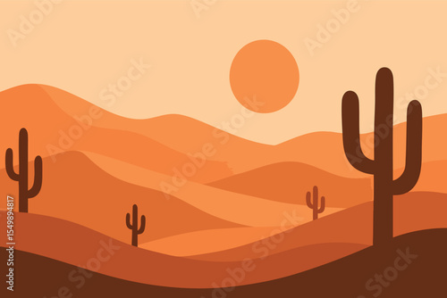 Flat vector panoramic desert landscape with sand dunes cactus sun low in sky warm earthy tones minimalist clean shapes vector-friendly