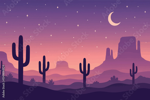 Flat vector panoramic desert at twilight with cacti rock formations and starry sky dreamy tones vector-friendly