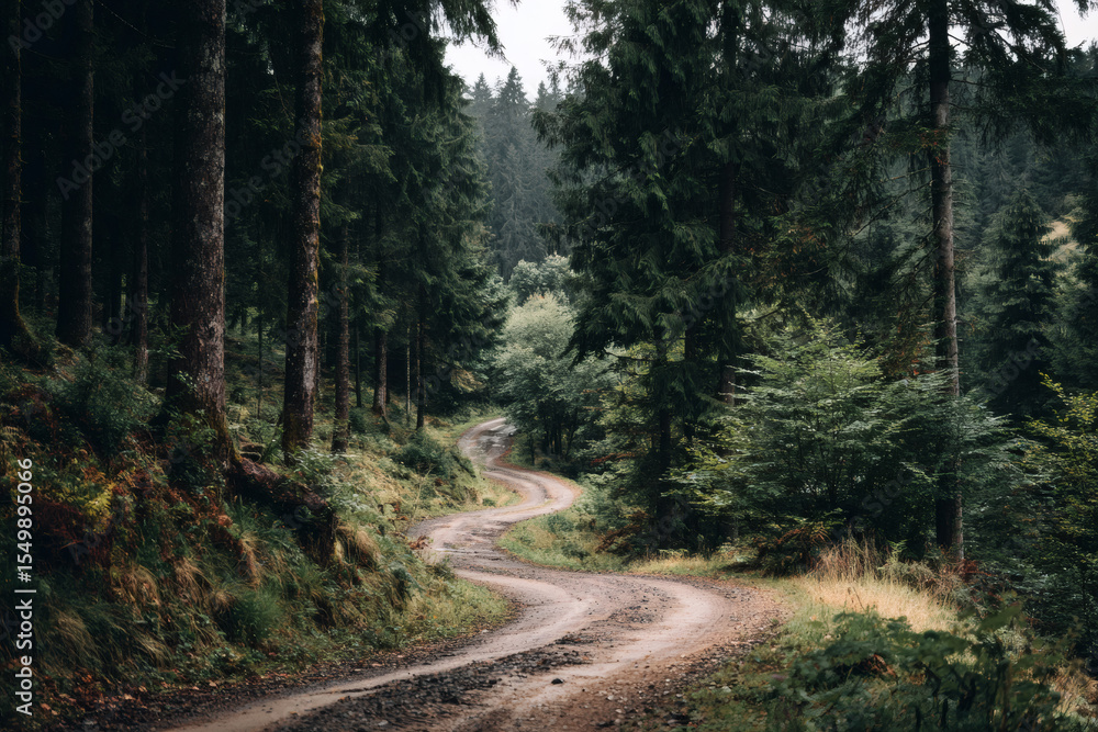 Fototapeta premium Winding dirt road through a dense dark evergreen forest on a cloudy day