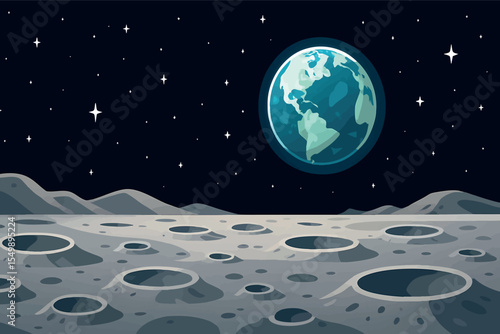 Flat vector panoramic moon surface with craters Earth in sky stars in background sci-fi style vector-friendly