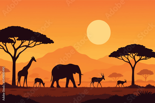 Flat vector panoramic savannah with acacia trees distant mountains wild animals silhouettes sunset colors vector-friendly