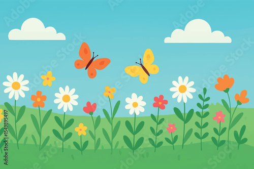 Flat vector panoramic spring meadow with flowers butterflies clear sky and soft grass texture vector-friendly