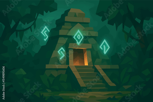 Low poly vector ancient ruin temple in jungle with mystical aura stairs and floating runes