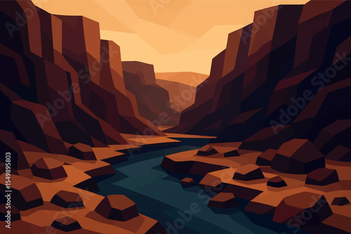Low poly vector canyon with layered cliffs river and rocks in deep desert colors