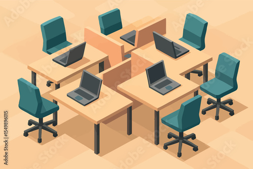 Low poly vector coworking space with desks dividers chairs and laptops collaborative layout