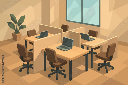 Low poly vector coworking space with desks dividers chairs and laptops collaborative layout