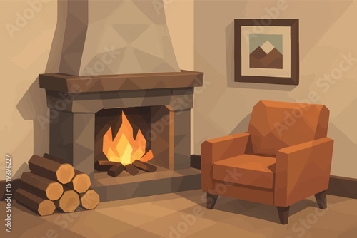 Low poly vector fireplace corner with armchair firewood and framed winter wall art