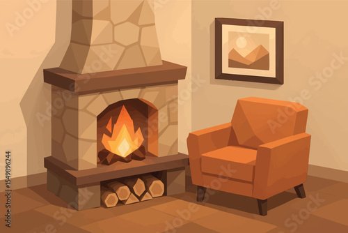 Low poly vector fireplace corner with armchair firewood and framed winter wall art