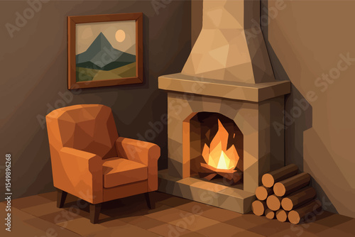 Low poly vector fireplace corner with armchair firewood and framed winter wall art