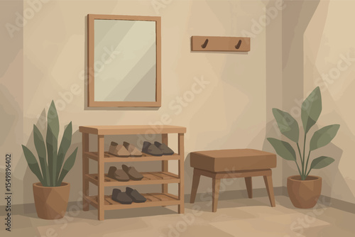 Low poly vector hallway with shoe rack mirror bench and plants in soft muted colors
