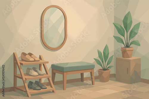 Low poly vector hallway with shoe rack mirror bench and plants in soft muted colors