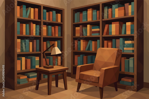 Low poly vector home library with bookshelves reading chair and lamp in cozy study room