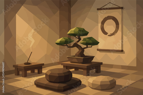 Low poly vector meditation room with cushions bonsai incense and scroll art zen vibes