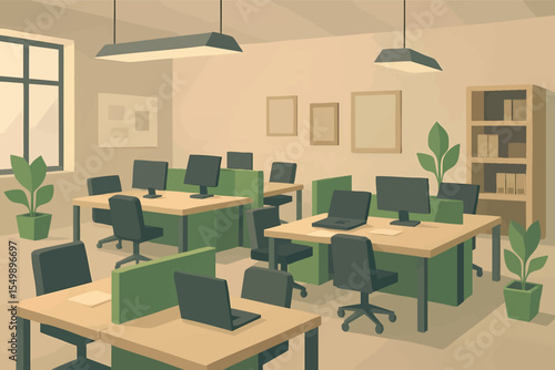 Low poly vector minimalist tech startup office with modular desks open plan and green accents