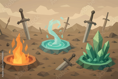 Low poly vector mythical battlefield with broken swords elemental energy and crystal craters vector-friendly
