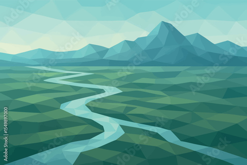 Low poly vector river delta with winding channels flatland and distant mountains