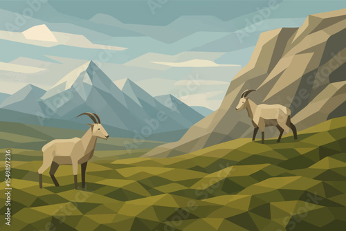 Low poly vector tundra scene with mossy polygonal ground mountain goats and cliffs