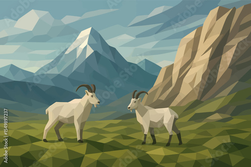Low poly vector tundra scene with mossy polygonal ground mountain goats and cliffs