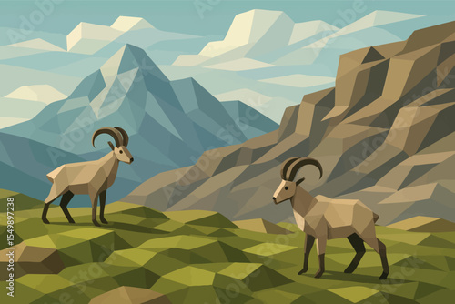 Low poly vector tundra scene with mossy polygonal ground mountain goats and cliffs