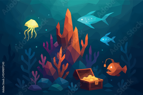 Low poly vector underwater fantasy world with coral mountains glowing sea creatures and treasure