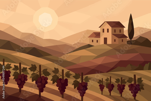 Low poly vector vineyard hills with grape vines farmhouse and sun in wine palette