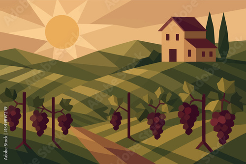 Low poly vector vineyard hills with grape vines farmhouse and sun in wine palette