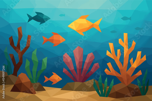 Low poly vector underwater scene with coral reef tropical fish and geometric plants