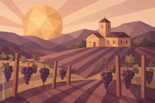 Low poly vector vineyard hills with grape vines farmhouse and sun in wine palette