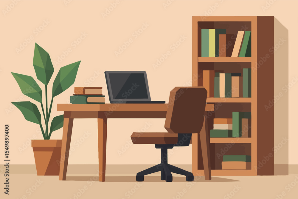 Low poly vector workspace with desk laptop bookshelves and plant Low poly vector workspace with desk laptop bookshelves and plant