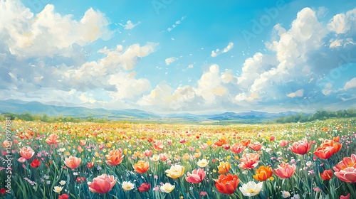 Vibrant Spring Meadow Landscape Colorful Tulips Sunny Sky Rolling Hills