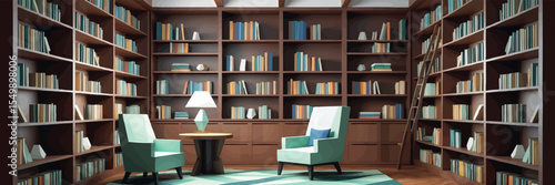Low poly vector home library with bookshelves reading chair and lamp in cozy study room